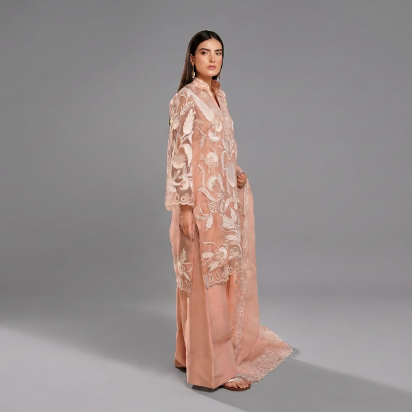 Embroidered Peach Organza Festive Suit