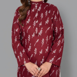 Deep Maroon Printed Kurta Set with Contrasting White Organza Dupatta