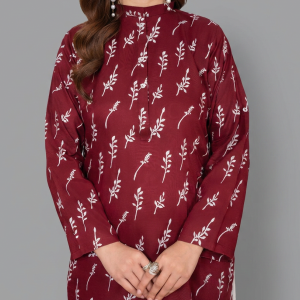 Deep Maroon Printed Kurta Set with Contrasting White Organza Dupatta