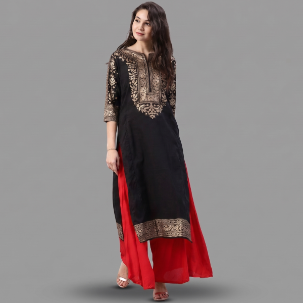 Elegant Black and Gold Printed Kurta with Contrast Red Palazzo Pants