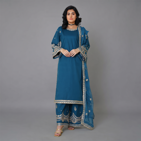 Royal Teal Grace Embroidered 3-Piece Suit
