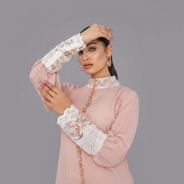 Soft Blush Rose Long Tunic with Lace Accents and Potli Buttons
