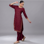 Elegant Maroon & Gold Printed Kurta Set – 2-Piece Ethnic Outfit with Wide-Leg Trousers