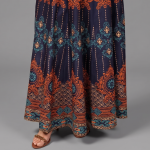 Women’s Navy Blue Flared Anarkali Maxi Kurti with Gold and Rust Border Details