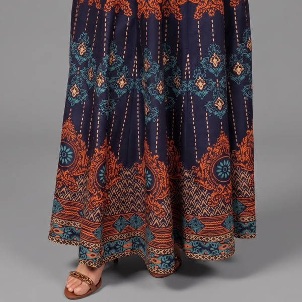 Women’s Navy Blue Flared Anarkali Maxi Kurti with Gold and Rust Border Details