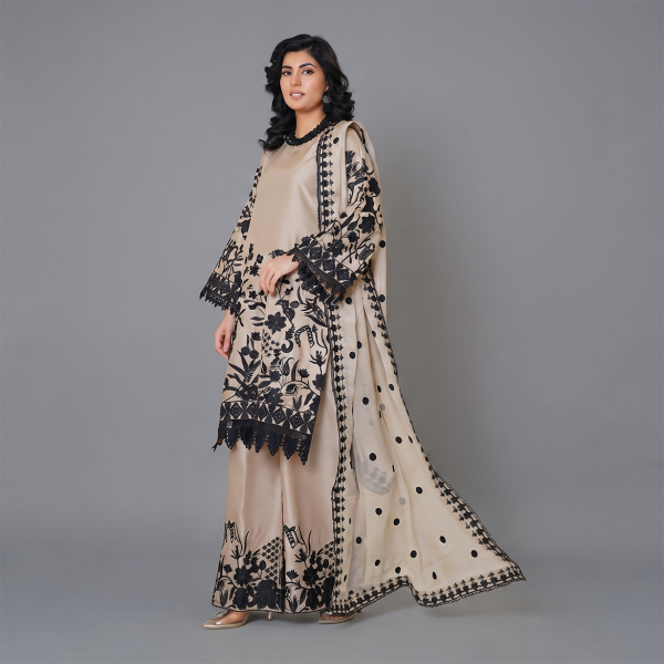 Beige and Black Embroidered Three-Piece Ensemble