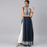 Chic Indigo Blue Printed Fusion Dress with Flared Inner Skirt