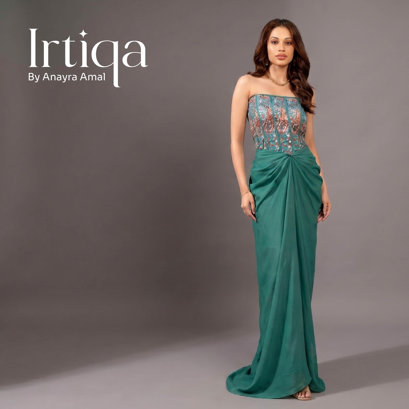 Emerald Muse Strapless Corset Draped Gown