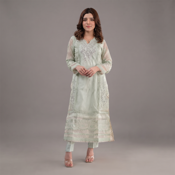 Mint Green Embroidered Chiffon Kurti Set