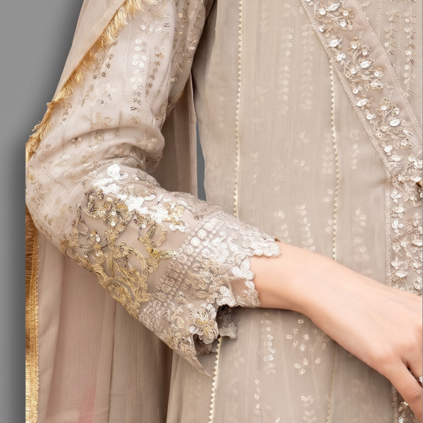 Manahil Embroidered Antique Silver 3-Piece Festive Organza Gown Set
