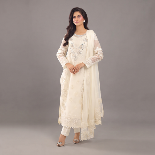 Ivory3-Piece Suit with Embroidered Organza
