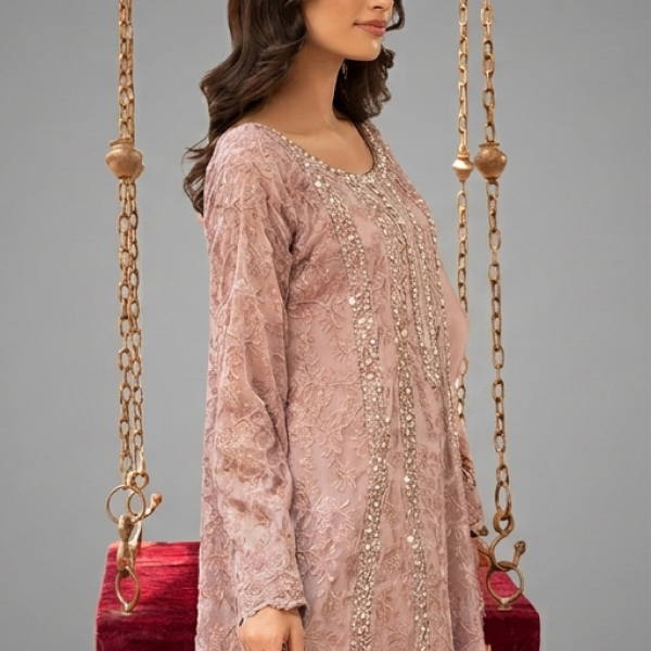 Blush Pink Embellished A-Line Kurta with Matching Dupatta