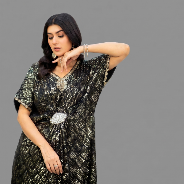Manahil Embellished Metallic Black Kaftan Maxi Dress