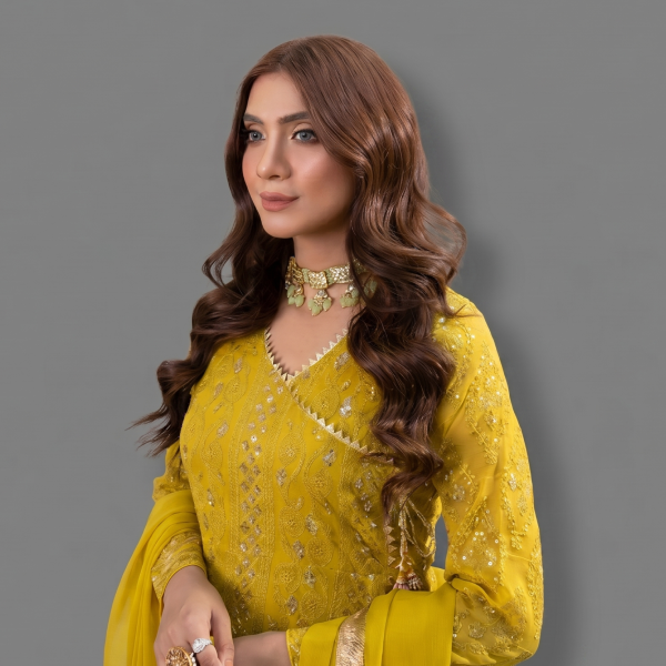 Vibrant Mustard Yellow Angrakha-Style Anarkali Suit Set