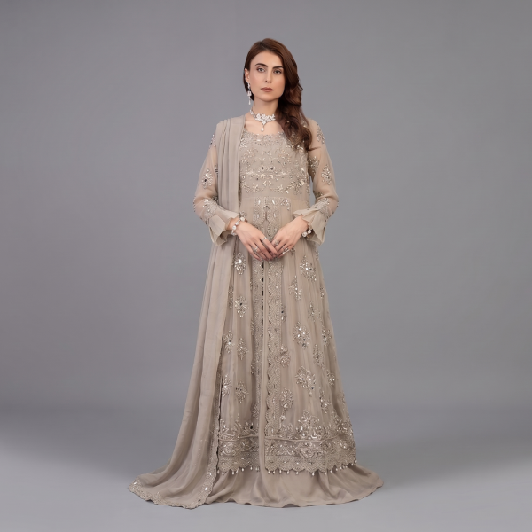 Manahil Embroidered Desert Taupe  3-Piece Festive Organza Sharara Set