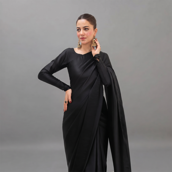 Midnight Black Satin Saree