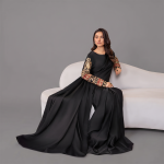 Elegant Black Satin Saree with Embellished Sleeves