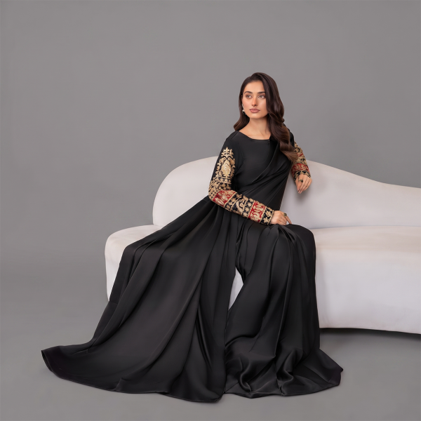 Elegant Black Satin Saree with Embellished Sleeves