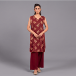 Prussian Teal Paisley Printed Kurta with Terracotta Cuff Details