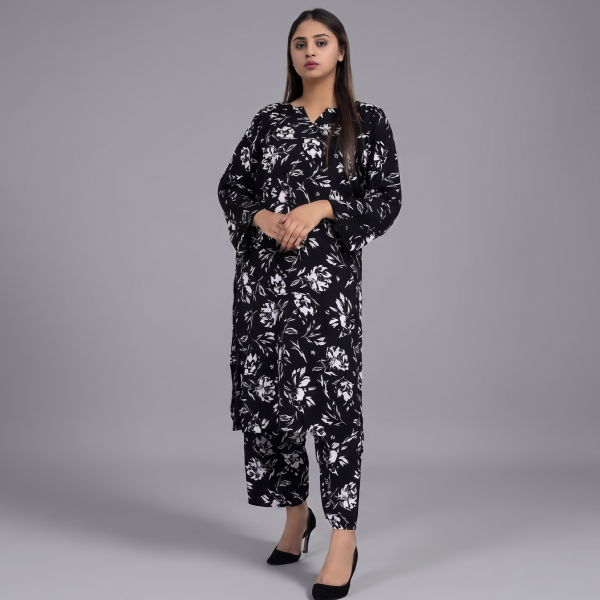 Black & White Botanical Print Long Kurta with Matching Trousers