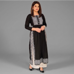 Women’s Black Printed Straight Tunic with White Patterned Dupatta and Trousers