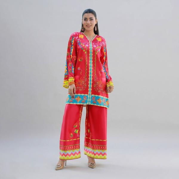 Festive Crimson Red Digital Print Co-Ord Set