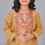 Mustard Gold Multicolor Embroidered Girls’ Suit