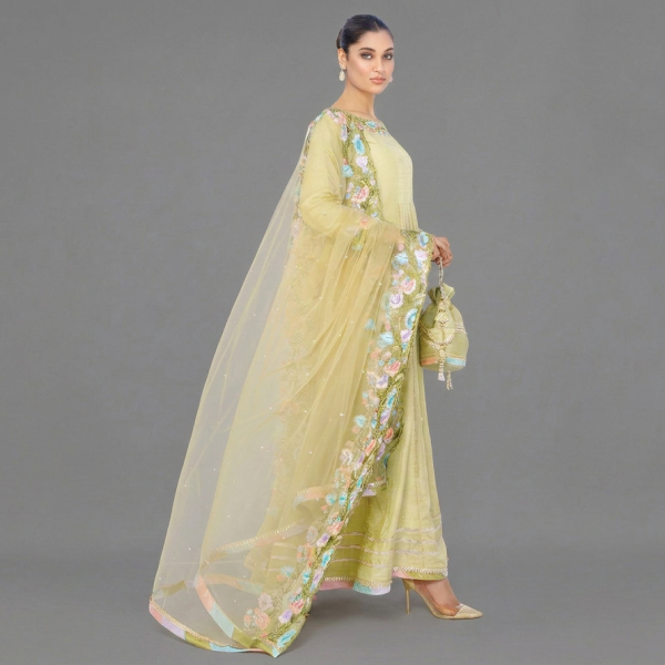 Ethereal Pistachio Green Anarkali Set with Pastel Floral Appliqué