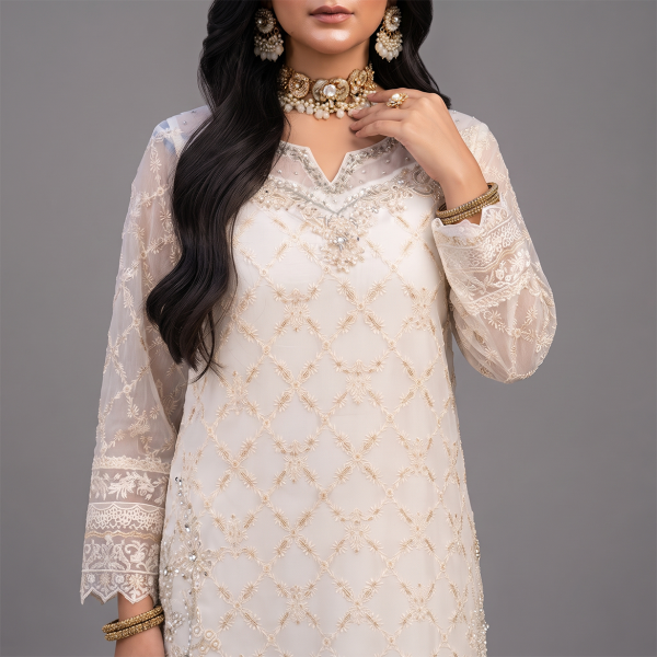 Ivory Embellished Organza Kurta with Pants