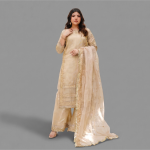 Ivory Gold Heavily Embroidered 3-Piece Organza Suit with Wide-Leg Pants