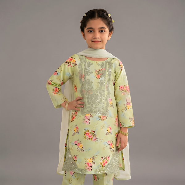 Mint Green Floral Embroidered Girls’ 3-Piece Suit