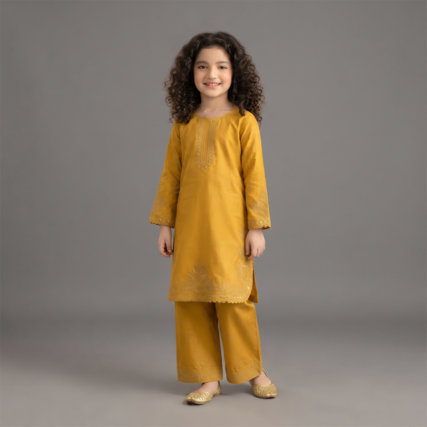 Mustard Gold Embroidered Girls’ 2-Piece Suit