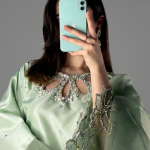 Mint Green Minimalist Silk Co-ord Set with Floral Threadwork
