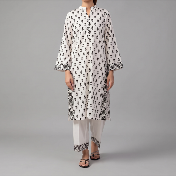 White & Black Printed Kurta Trouser Set