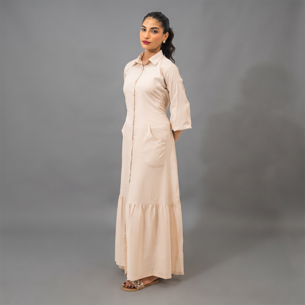 Beige Button-Down Tiered Maxi Dress