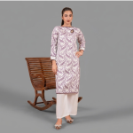 Women’s White and Purple Paisley Print Straight Kurti with Wide-Leg Pants