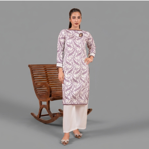 Women’s White and Purple Paisley Print Straight Kurti with Wide-Leg Pants