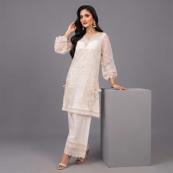 Ivory Embellished Organza Kurta with Pants
