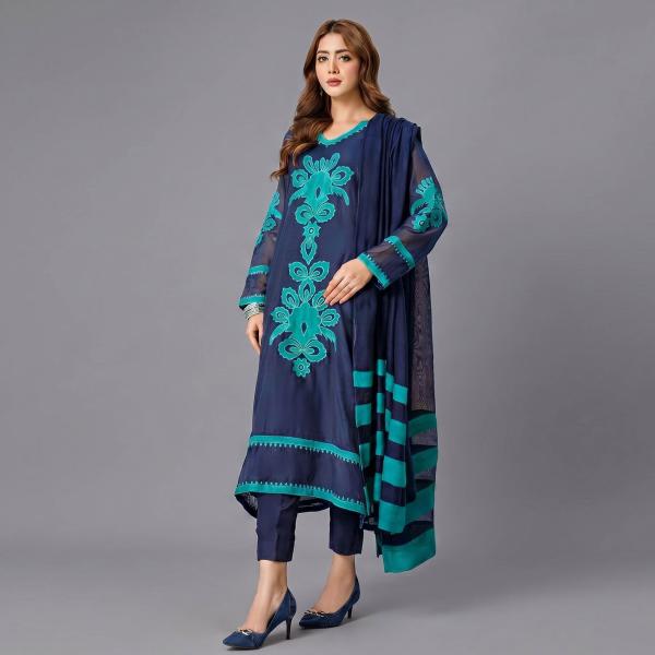 Cobalt Blue Silk Ensemble with Aquamarine Floral Appliqué
