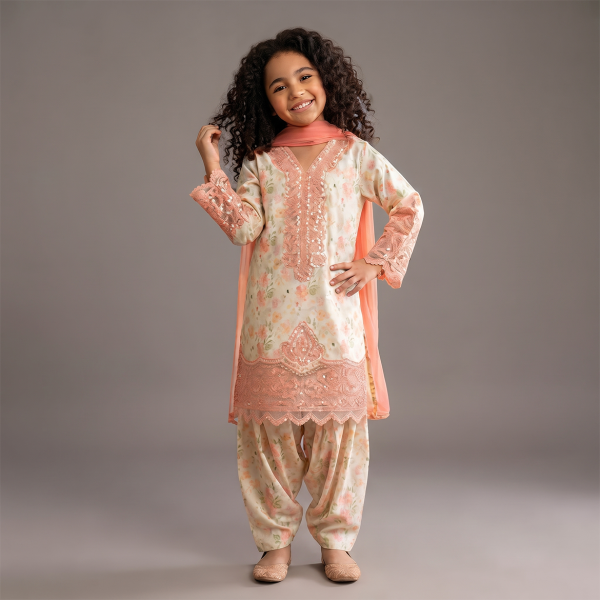 Peach Floral Embroidered Girls’ 3-Piece Suit