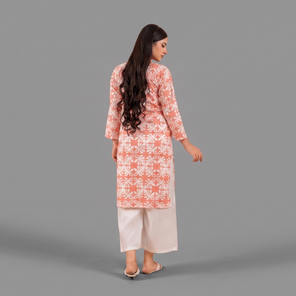 Peach Coral Printed Kurti with Wide-Leg White Trousers