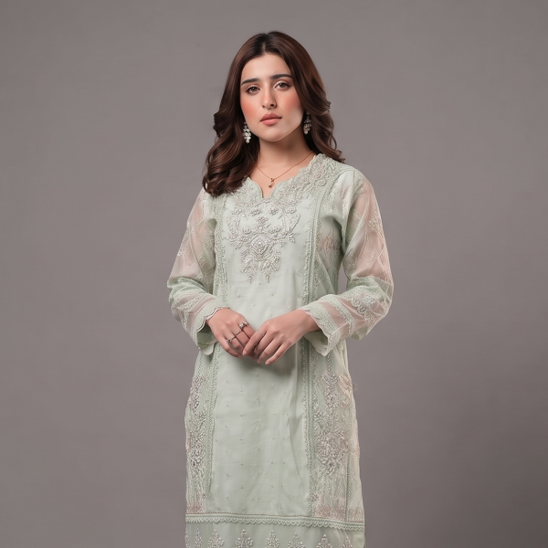 Mint Green Embroidered Chiffon Kurti Set