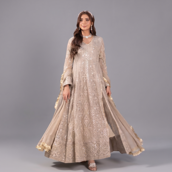 Manahil Embroidered Camel Brown 3-Piece Festive Kalidaar Set