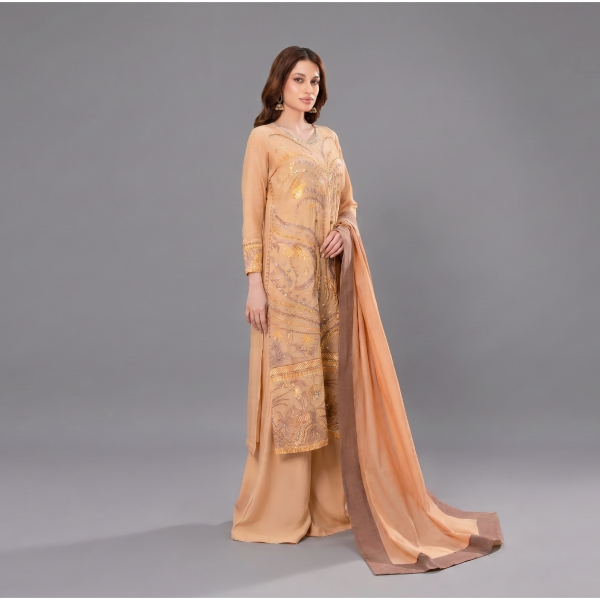 Gilded Peach Embroidered Festive Organza Suit