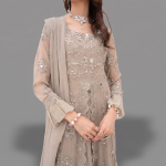 Manahil Embroidered Desert Taupe  3-Piece Festive Organza Sharara Set