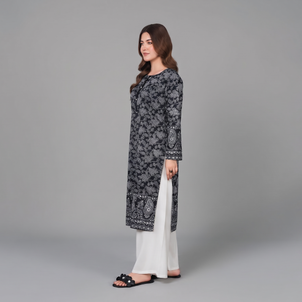 Black and White Floral Printed Kurta with Contrast Wide-Leg Palazzo Pants Set