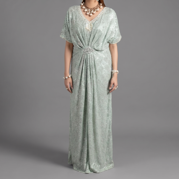 Manahil Embellished Mint Green Kaftan Maxi Dress