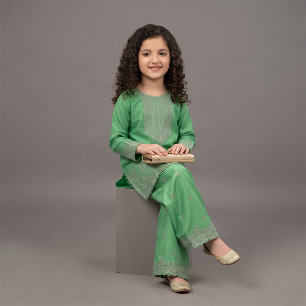 Mint Green Embroidered Festive Suit for Girls