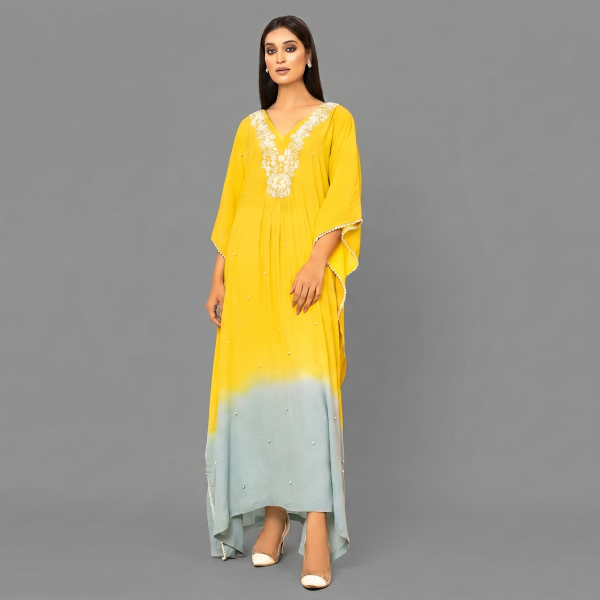 Elegant Yellow & Ice-Blue Ombre Kaftan