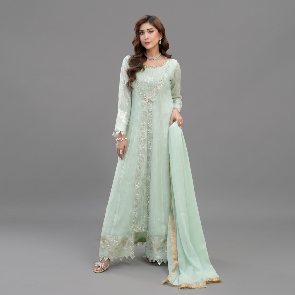 Manahil Embroidered Ice Mint 3-Piece Festive Organza Gown Set